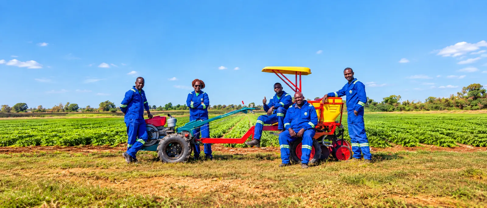 The Mealie Brand team in the field with a two-wheel tractor and planter