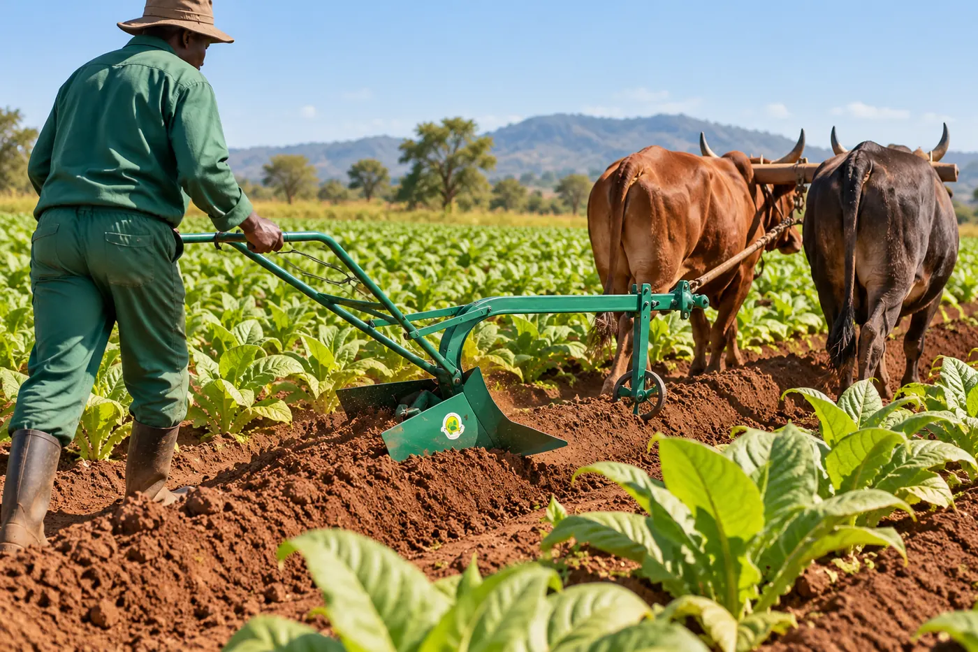 Farmer guiding an ox-drawn Mealie Brand ridger between rows of tobacco